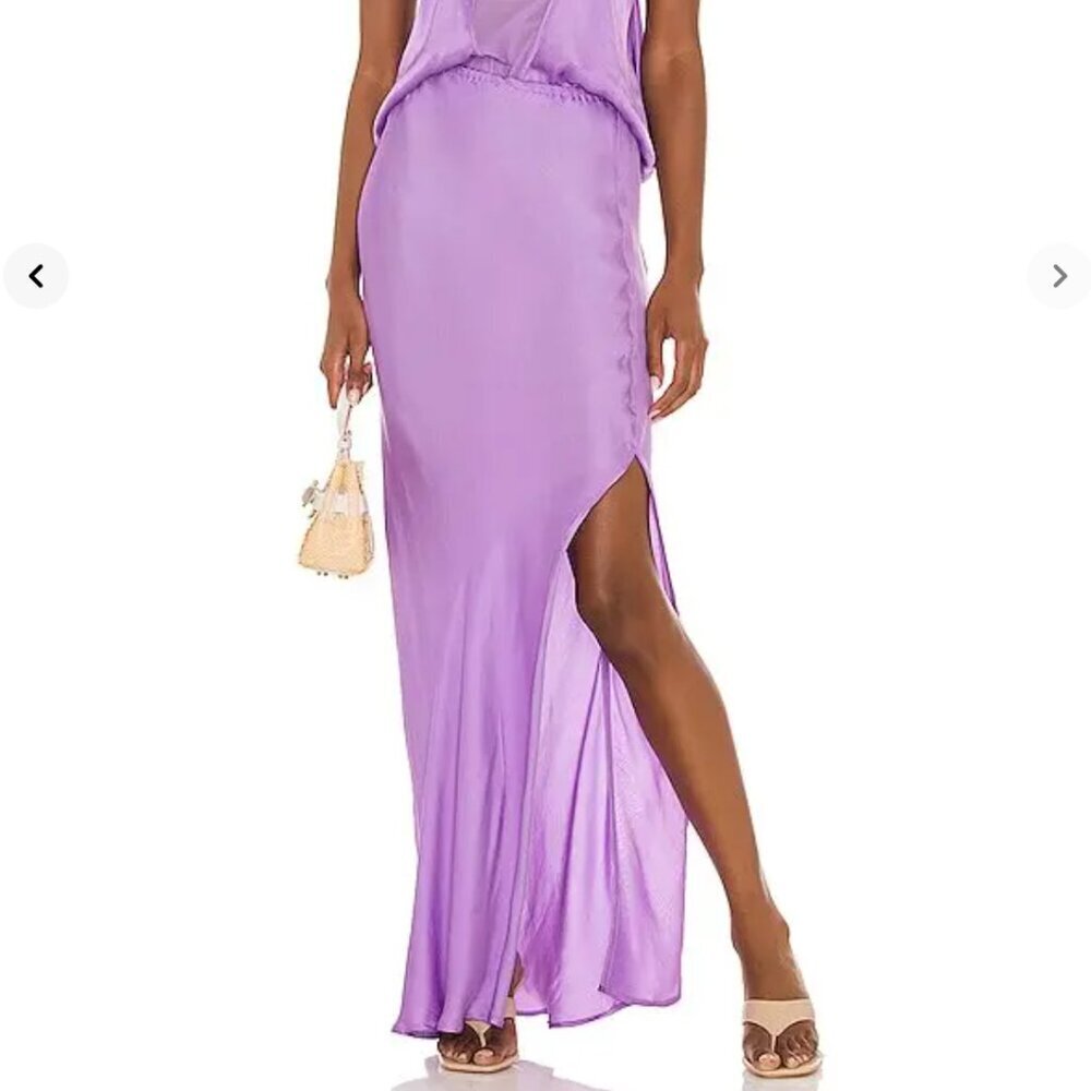 INDAH Mint Solid Bias Satin Maxi Skirt Slit in Violet Purple XS $224